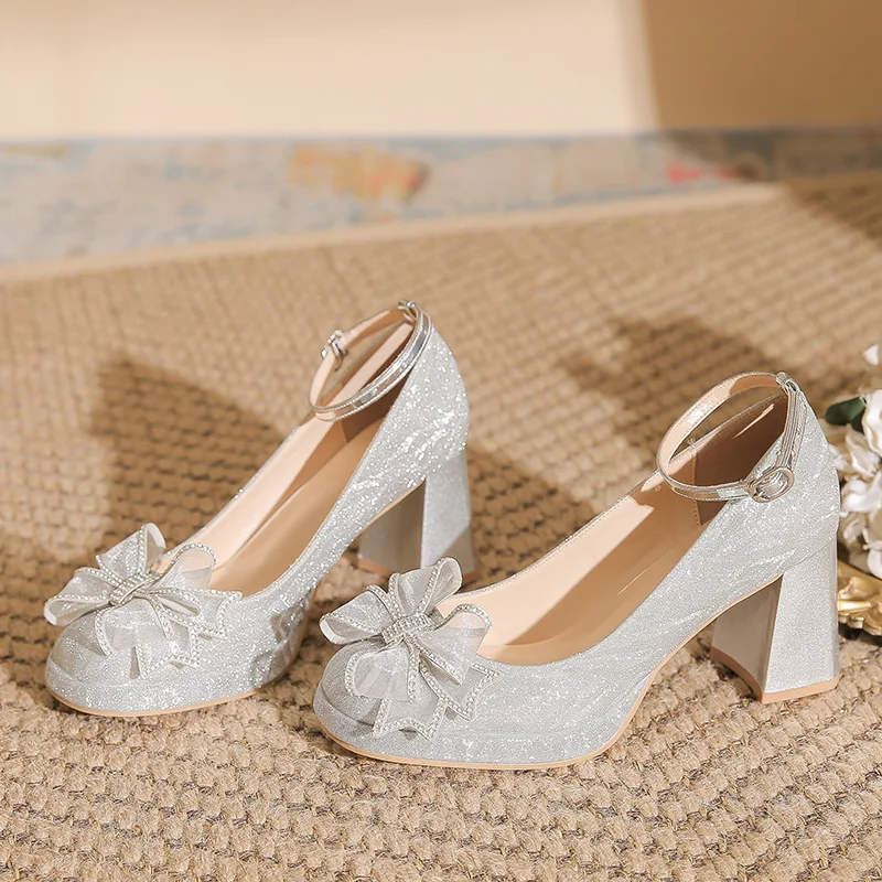 

Весенне-летние блестящие свадебные туфли на высоком каблуке с бантом на толстой платформе для женщин, блестящие туфли на массивном каблуке