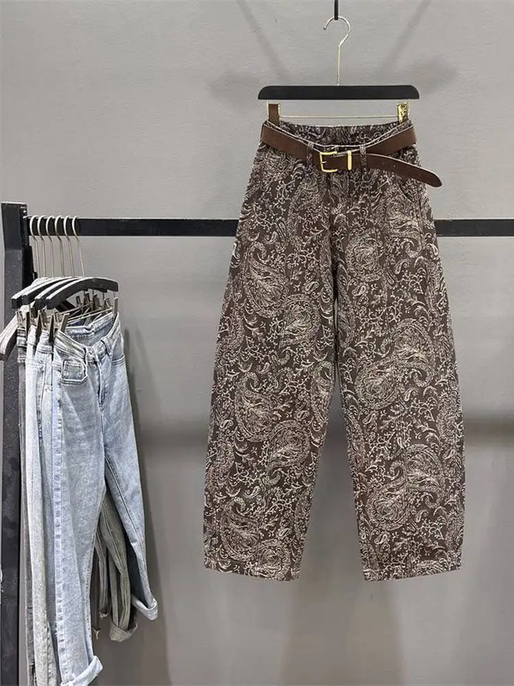 

Винтажные жаккардовые джинсы для женщин, осенние уличные свободные джинсовые брюки, повседневные модные брюки с высокой талией в американском стиле с узором пейсли