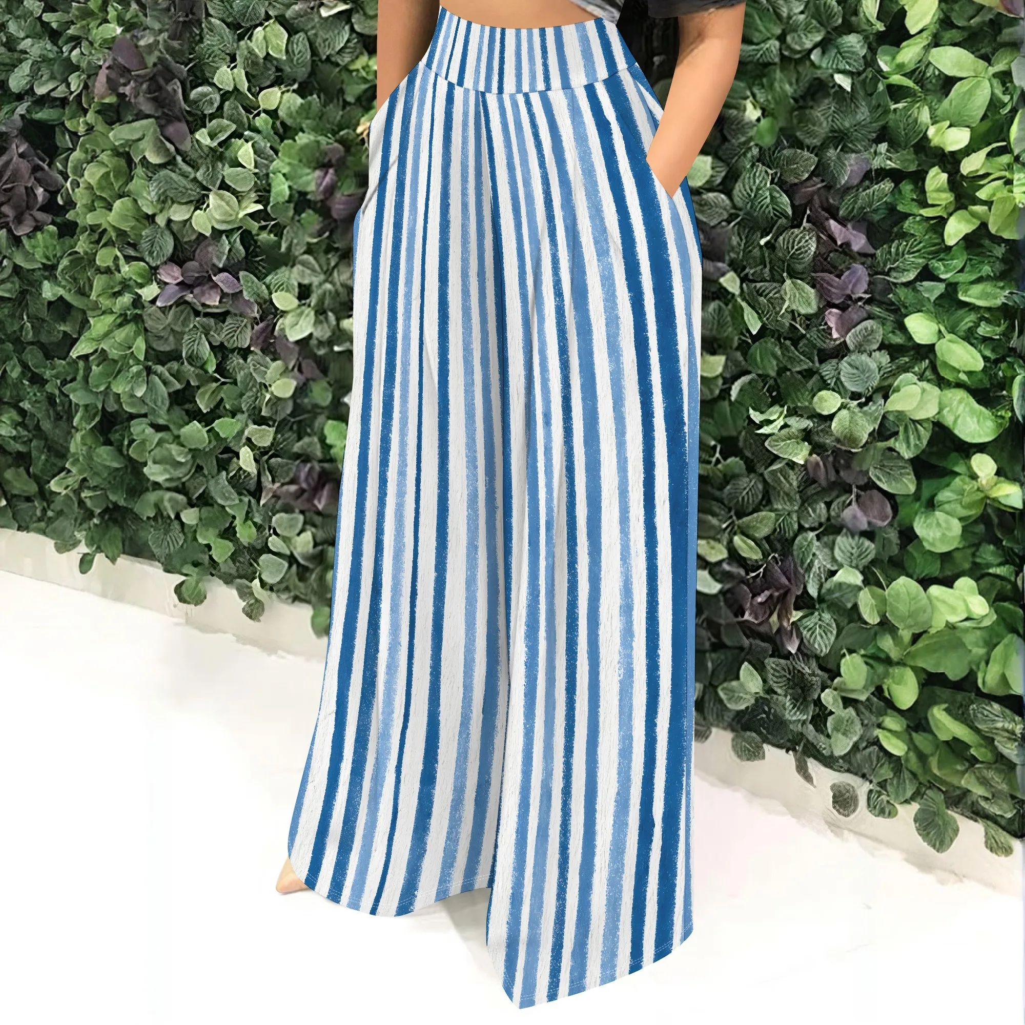 High Waist, Wide Leg Pants, Blue Striped Print, Casual Loose Fit Trousers with Pockets, Summer Beach Wear for Women, S-2XL