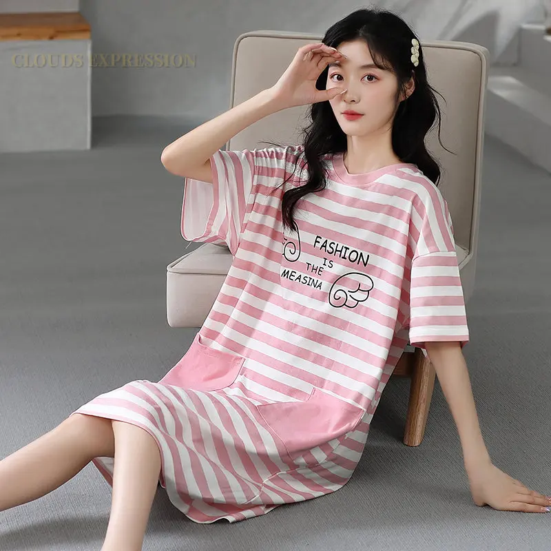 Summer Cartoon Printing Knitted Kawaii Girls Sleep Dress Womens Nightgowns Nighttie Pink Sleepshirts Ladies Dresses Home Fashion