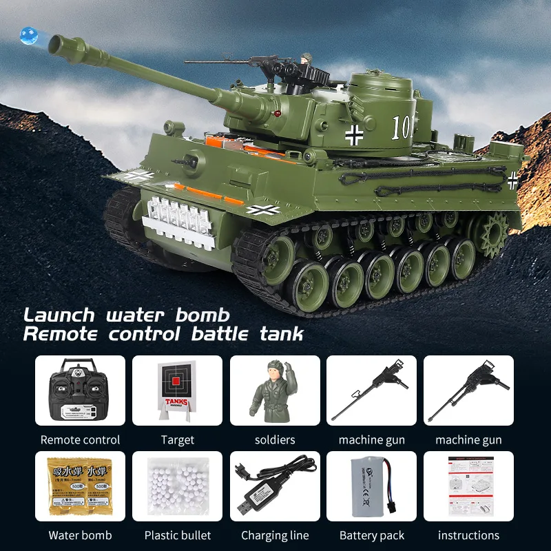 RC Tank Shoot Water Bullet fumo telecomando a infrarossi serbatoio giocattolo tigre modello militare rinculo vibrante con suono LED Boy Gift