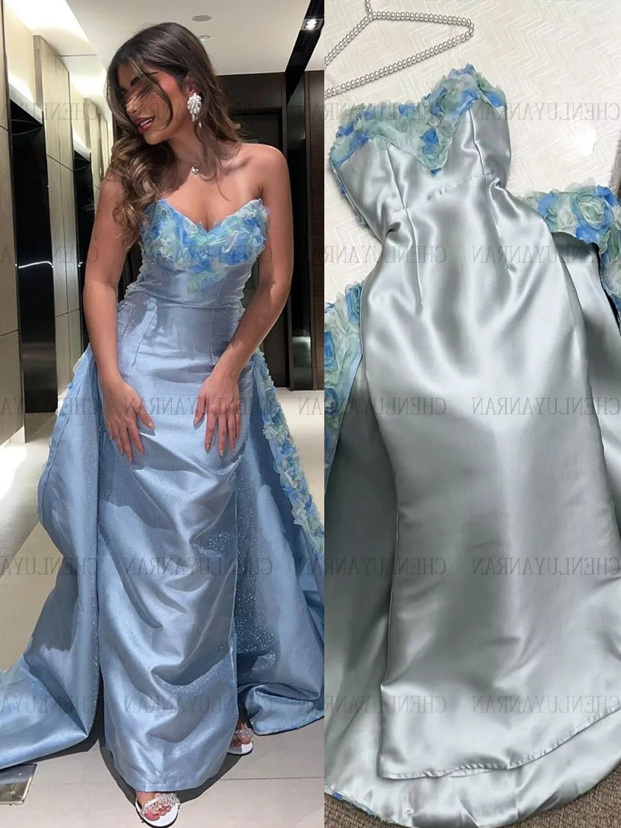 

Blue Lace Formal Occasion Dresses 2023 Strapless Sweetheart Long Party Dress Satin Mermaid Sexy Evening Gowns فساتين حفلات