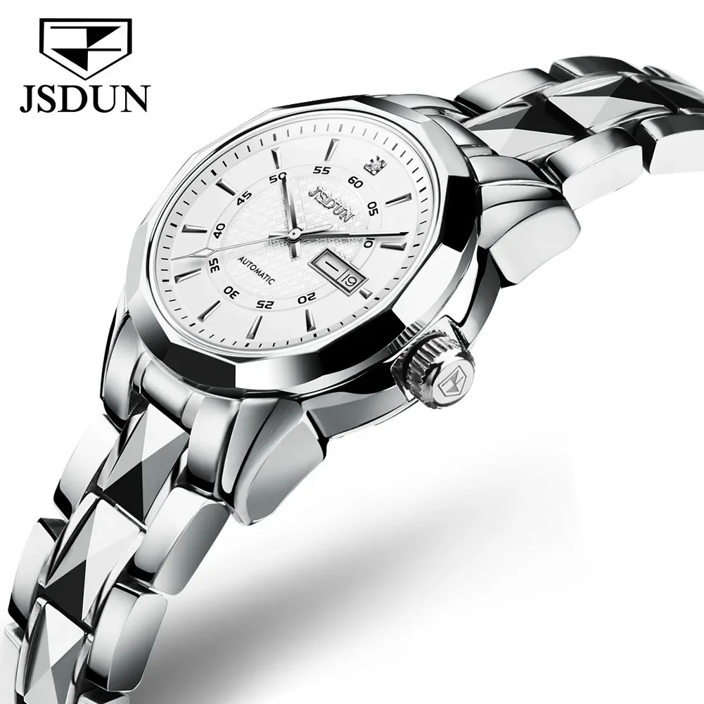 JSDUN 8014 Waterproof Stainless Steel Strap Women Wristwatch Japan Automatic Mechanical Business Watches For Women Calendar