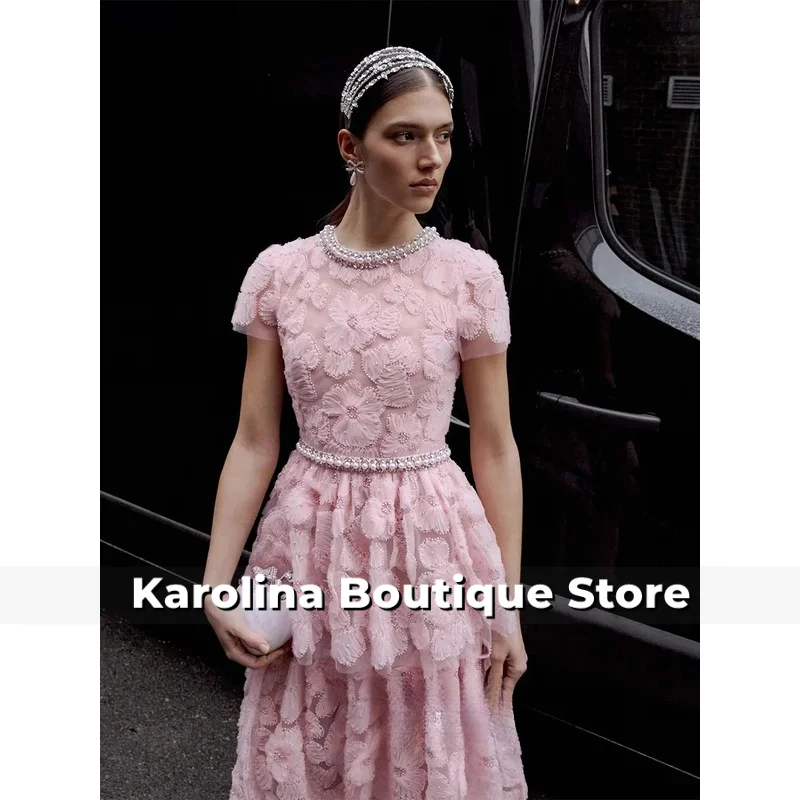 Vestido de fiesta de encaje de lujo personalizado cuello redondo manga corta cuello alto perlas rebordear vestido de fiesta árabe vestidos de noche