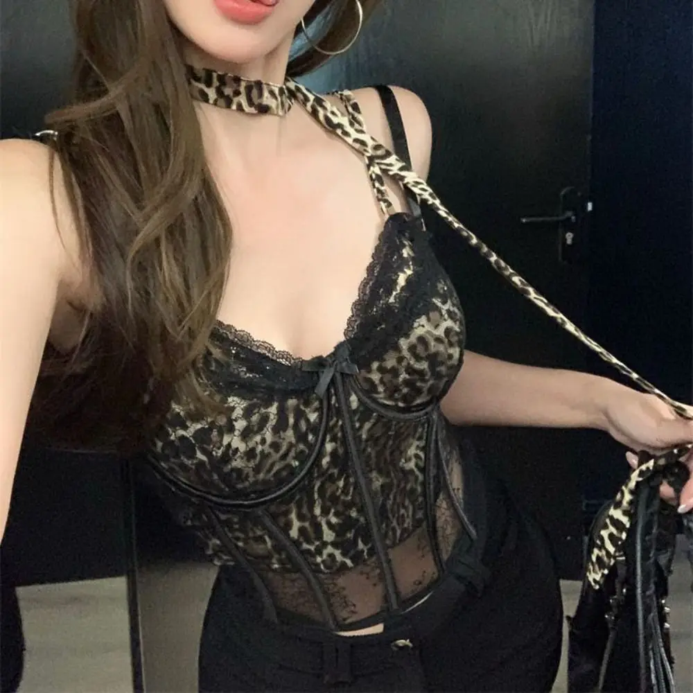 Spicy Girl Style Transparent Leopard Camisole Sleeveless Tank Slim Crop Tops Lace Sweet Suspender Vest with Pads Ladies