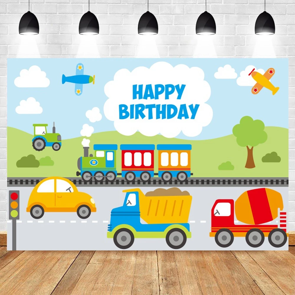 Fond de photographie de fête d'anniversaire de train de dessin animé, thème de transport, ballon de voiture, toile de fond de 1er anniversaire, studio photo, garçon, fille
