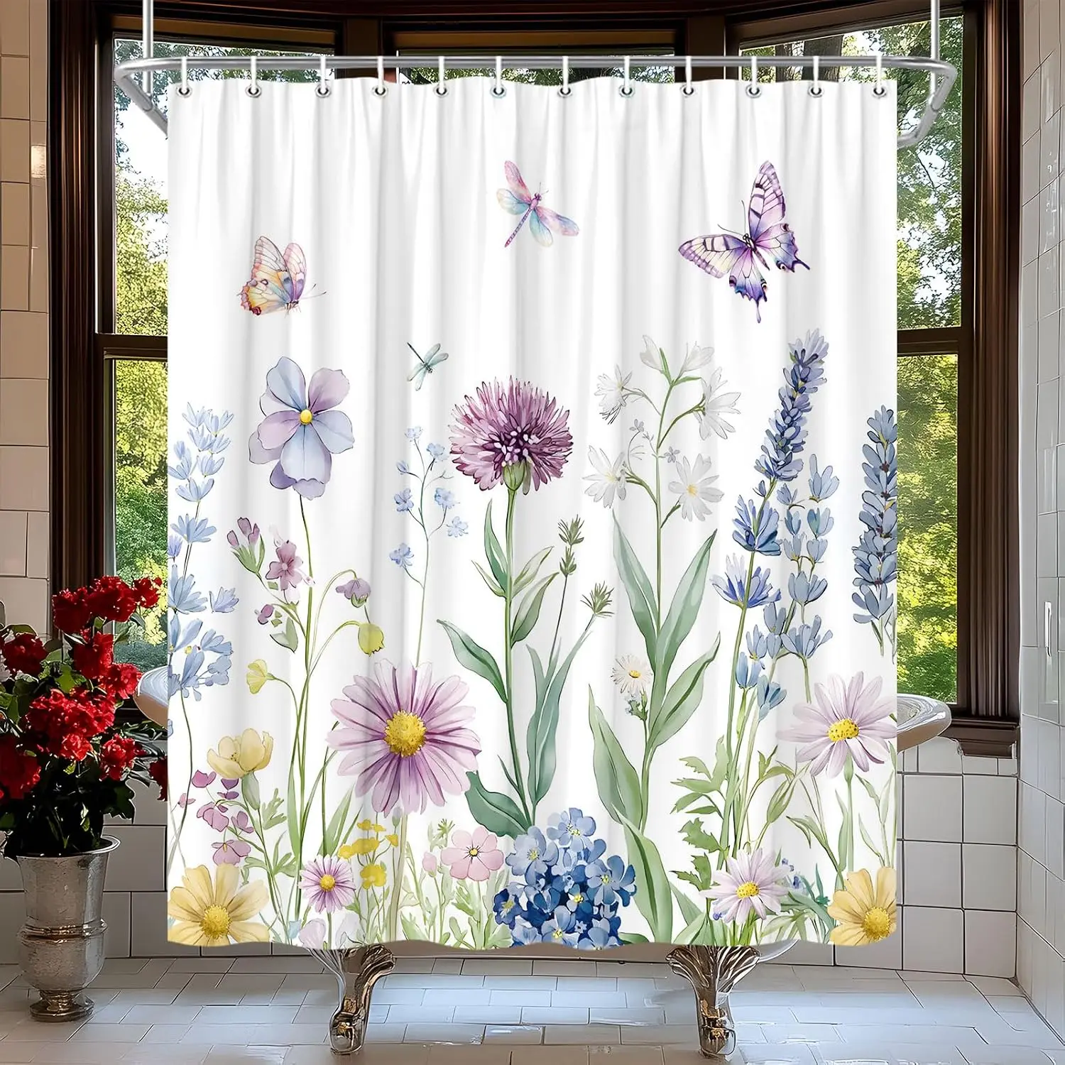 Soft Pastel Wildflower Shower Curtain, White Base Butterfly Dragonfly Daisy Print Waterproof Bath Curtain with Hooks for Family