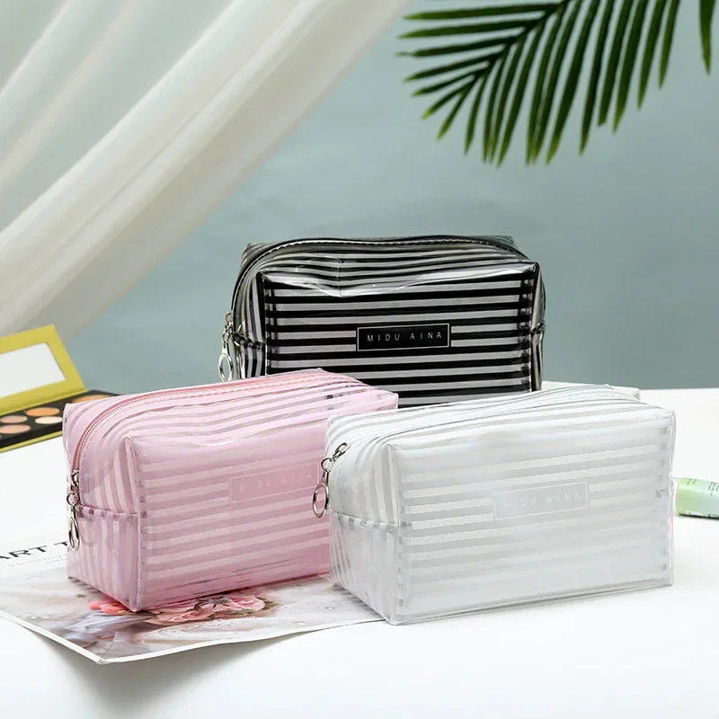 

Summer Refreshing Translucent Large Capacity Storage Bag PVC Square Striped Minimally Designed Makeup Bag Makeup Brush Storage B