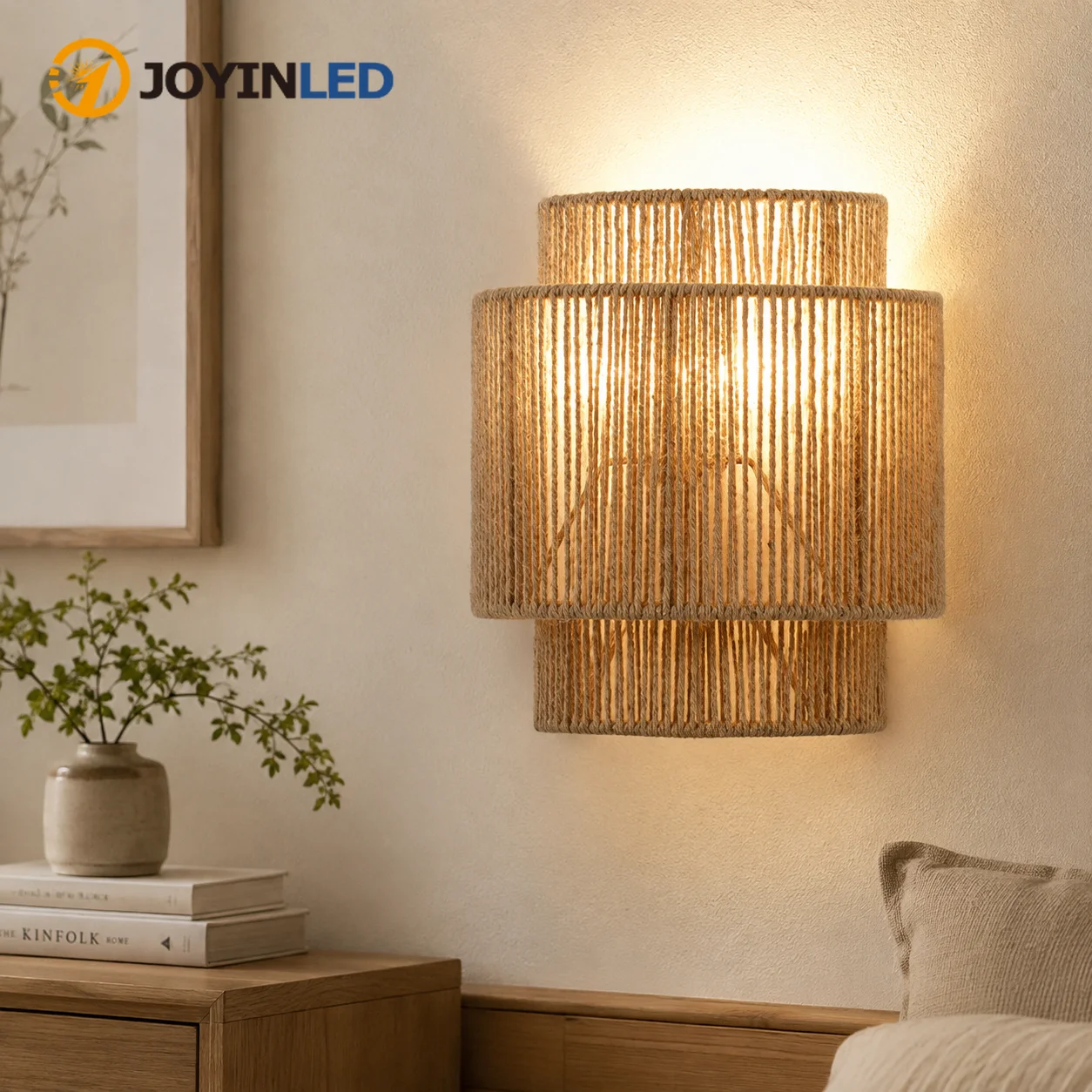 JOYINLED 1/2 Stück Rattan-Wandleuchte, Boho-Wandleuchte, handgewebte natürliche Rattan-Wandlampe, Bauernhaus-Wandleuchte mit E27-Fassung, rustikale Schlafzimmer-Nachttischlampe für Wohnzimmer,