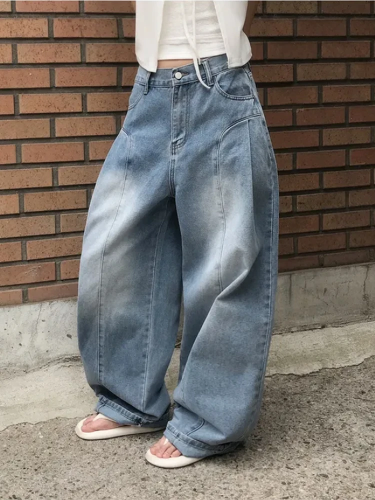 

Retro Side Pleated Splicing Jeans Women Loose Wide Leg Meat Concealing Slim Straight Casual Long Pants Casual Jeans