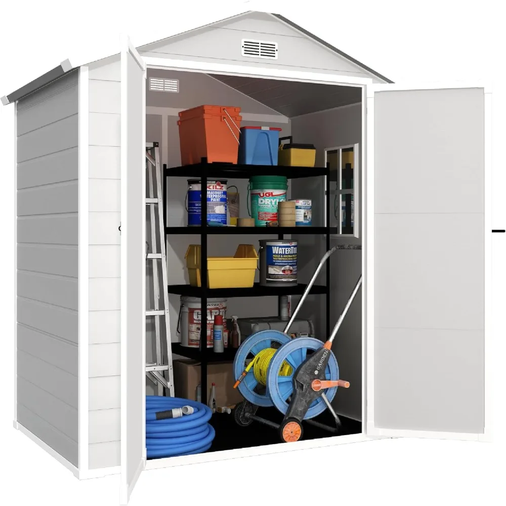 

6x4.4ft Resin Shed with Floor, Waterproof Outdoor Plastic Garden Shed with Lockable Doors, Window & Vents, Outdoor Storage Shed