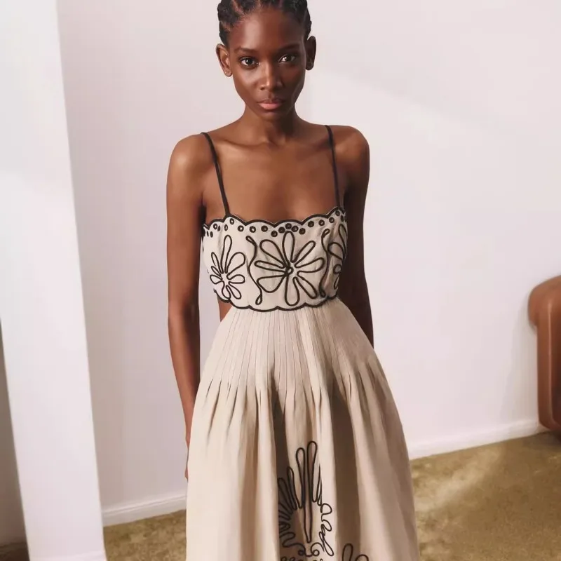 Abito estivo da donna con stampa bohémien per le vacanze, cinturino casual, senza schienale, corsetto scavato, abito da spiaggia Boho pieghettato