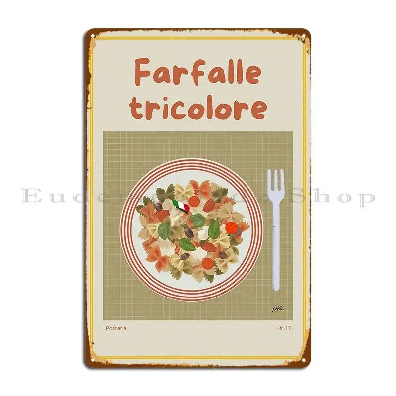 Ilustración Tricolore de Farfalle con Farfalle, Pasta, tomates, aceitunas, Mozzarella y albahaca, placa de Metal personalizada para sala de estar y Club