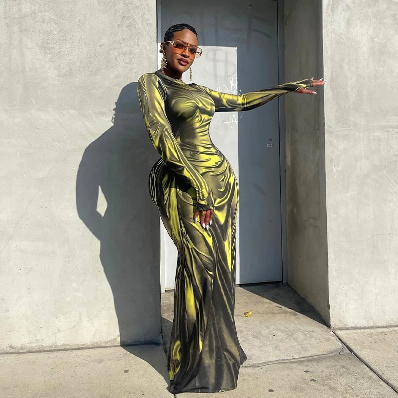 Moda impressão manga longa fino ajuste maxi vestido em torno do pescoço outono 2024 vestido feminino transoceanic estilo transfronteiriço