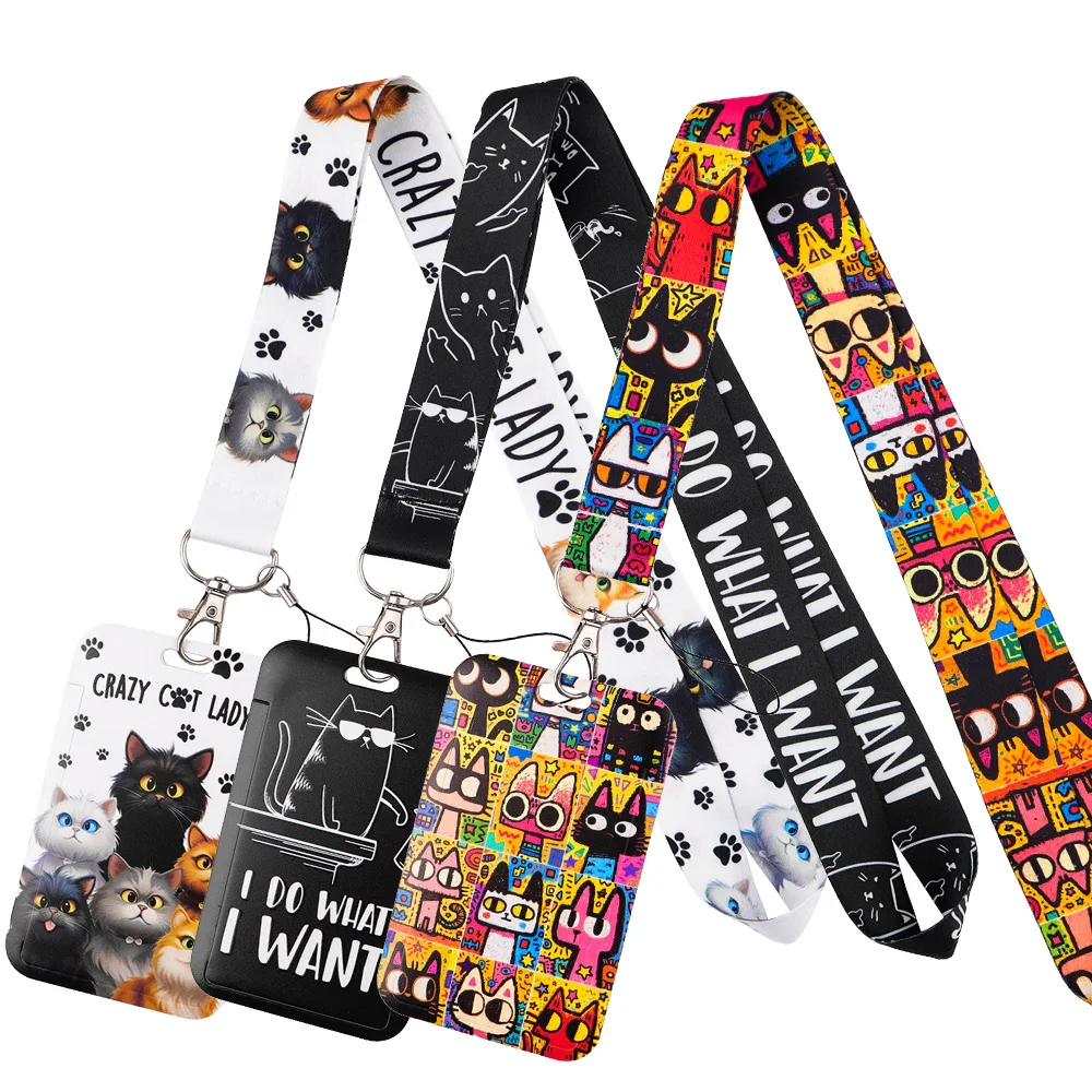 

LX1640 Cartoon Cats Lanyard Keychain Men ID Credit Card Cover Pass Women Mobile Phone Charm Neck Straps Badge Holder Key Holder