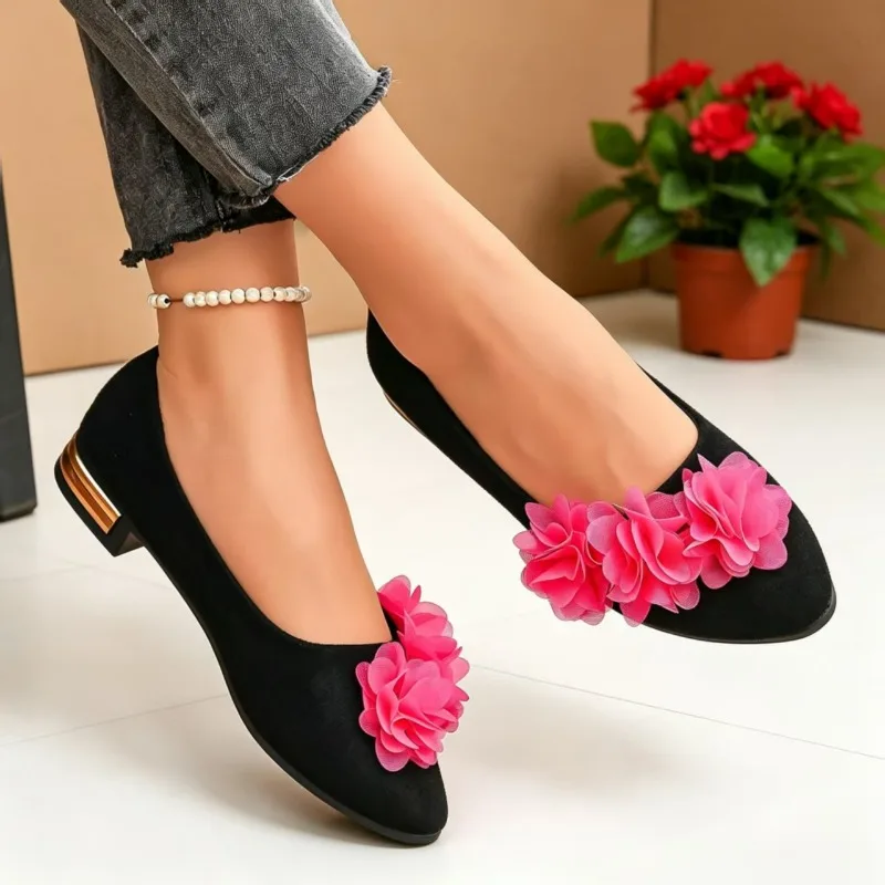 Flower Decor Ballet Flat Shoes Women Spring Slip On Loafers Woman Plus Size 35-43 Comfort Soft Sole Casual Glitter Flats