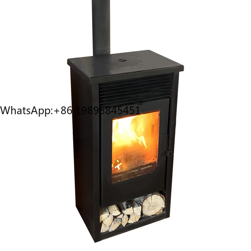 Vista de puertas de horno de vidrio, estufa de leña de acero, calefacción para toda la casa, chimenea de madera de doble cara, moderna para interiores