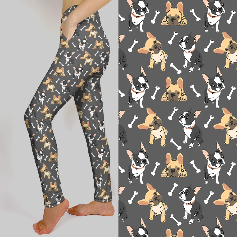 LETSFIND New Women Stretch Fitness Leggings 3D Cute Black and Brown French Bulldog Puppy Print High Waist Inside Pockets Pants