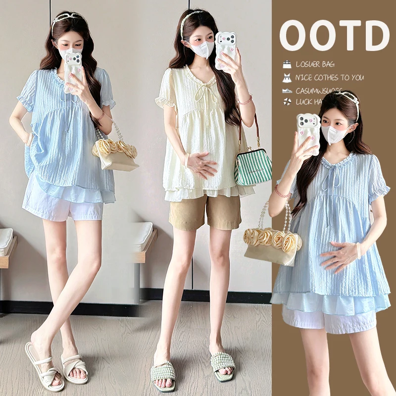2026 Summer New Style Maternity Doll Blouse Fresh Light Loose-fitting Slimming Fashionable Shirt Top Clothes for Pregnant Women