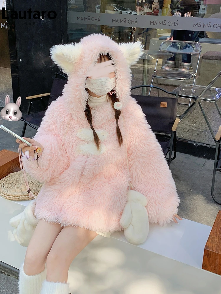 Lautaro Winter Oversized Zoete Kawaii Dikke Warme Fuzzy Patchwork Nepbont Hoodie Jas Vrouwen met Beer Oren Pluizige Sherpa Jas