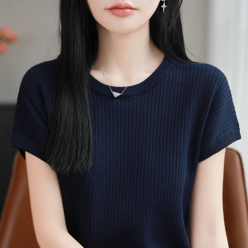 

Женская свободная трикотажная футболка с круглым вырезом и короткими рукавами из 100% хлопка, однотонная, летняя новинка