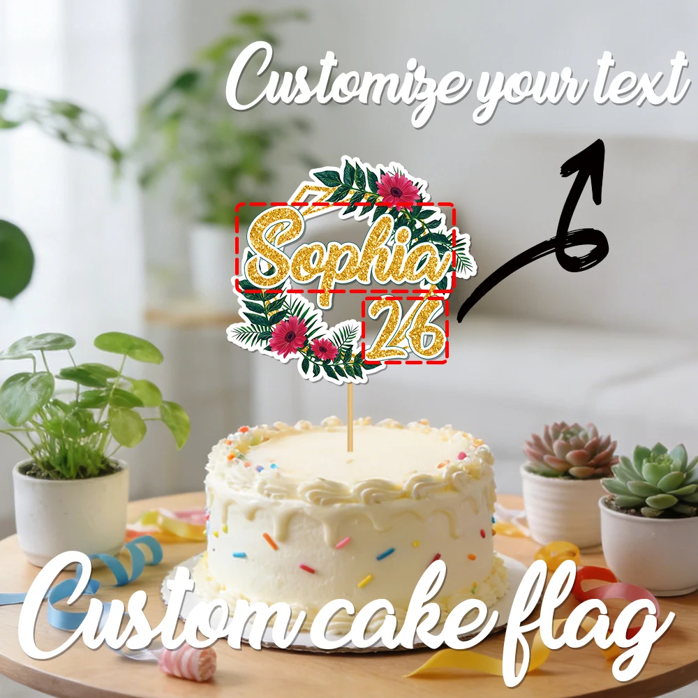 1 Stück personalisierte Sommer-Kuchendekoration mit Blumen und Grün, anpassbar mit Namen und Altersnummer, für hawaiianische Geburtstage und Babypartys