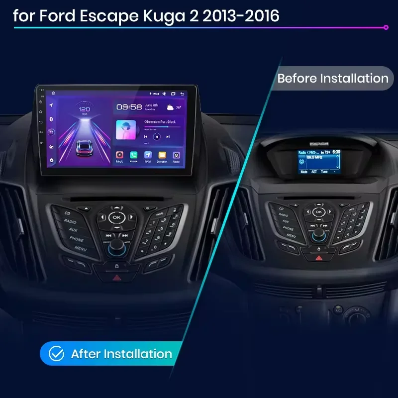 راديو السيارة اللاسلكي CarPlay أندرويد من Junsun لسيارة Ford Escape Kuga 2 C-MAX 2013-2016 أنظمة ذكية DSP SWC RDS GPS FM BT #2
