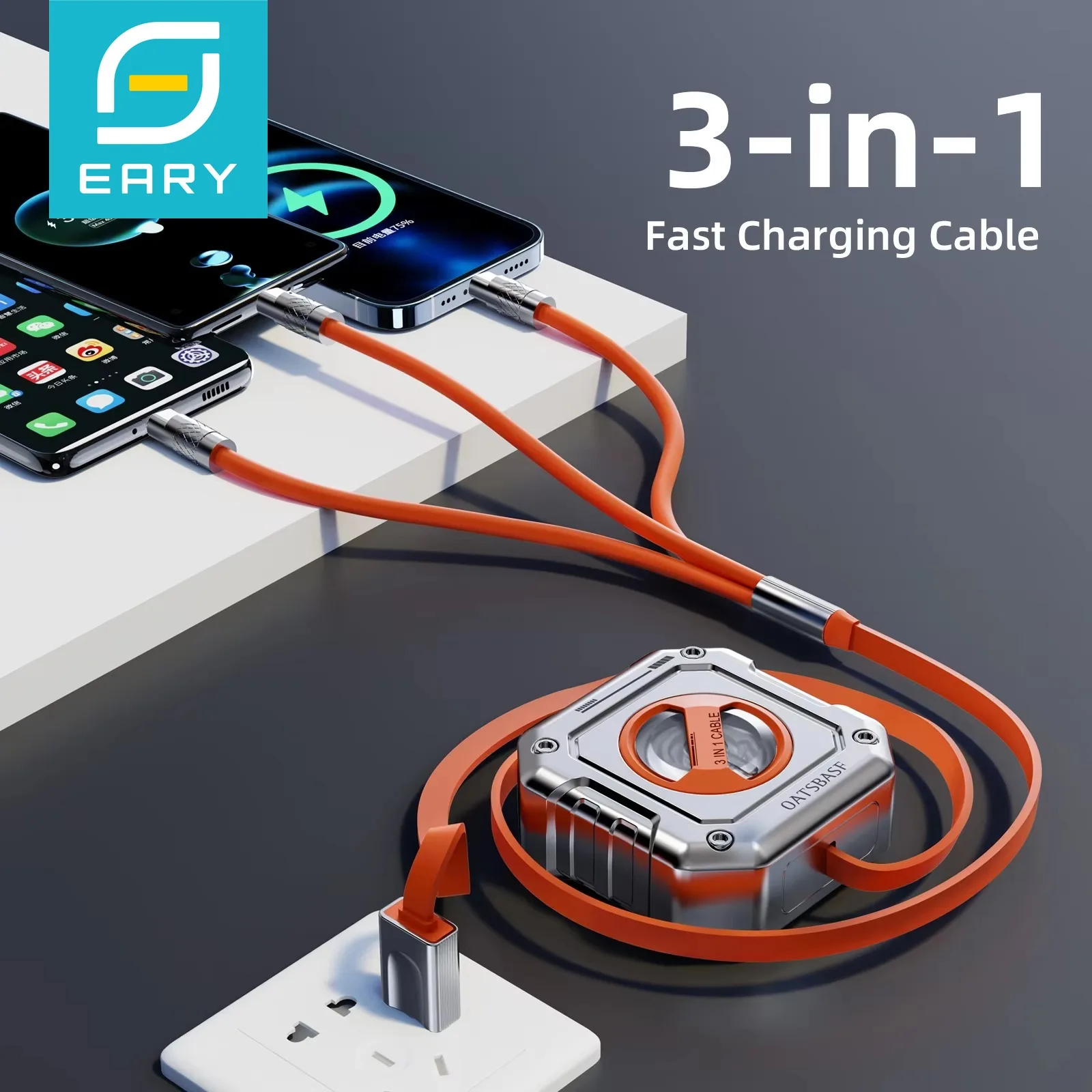 

Eart 3 in 1 Retractable Charging Cable USB Type-C Lightning Multi Fast Charging Cable for iPhone 16 Samsung for Multiple Devices