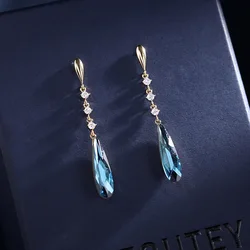 OKILY Trendy Korean Long Water Drop Earrings for Women Summer Personalized Blue Crystal Dangle Earring Simple Jewelry Decoration
