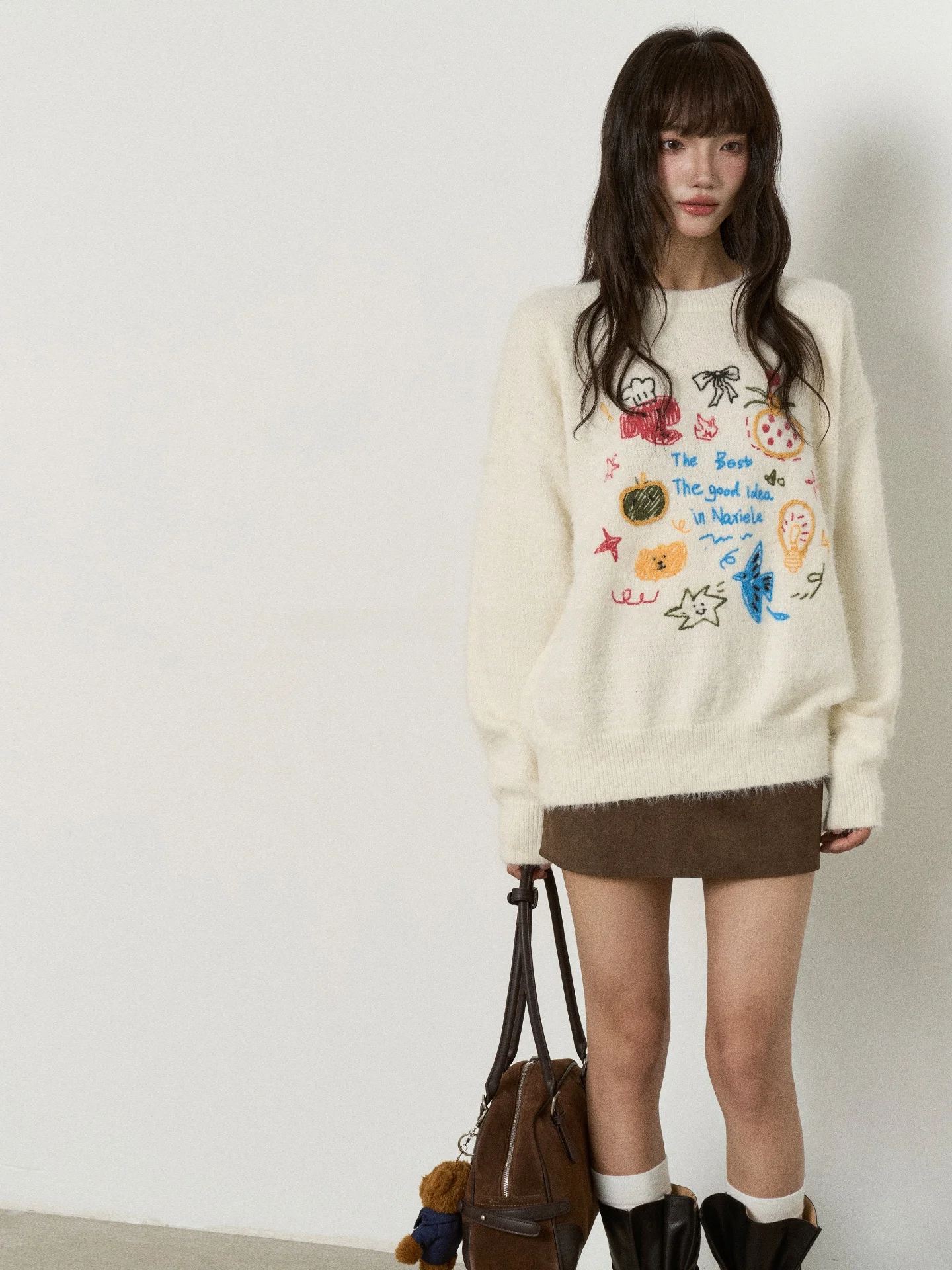 

Женский утепленный вязаный свитер оверсайз с круглым вырезом и мультяшной вышивкой, осенне-зимний, с длинными рукавами, однотонный