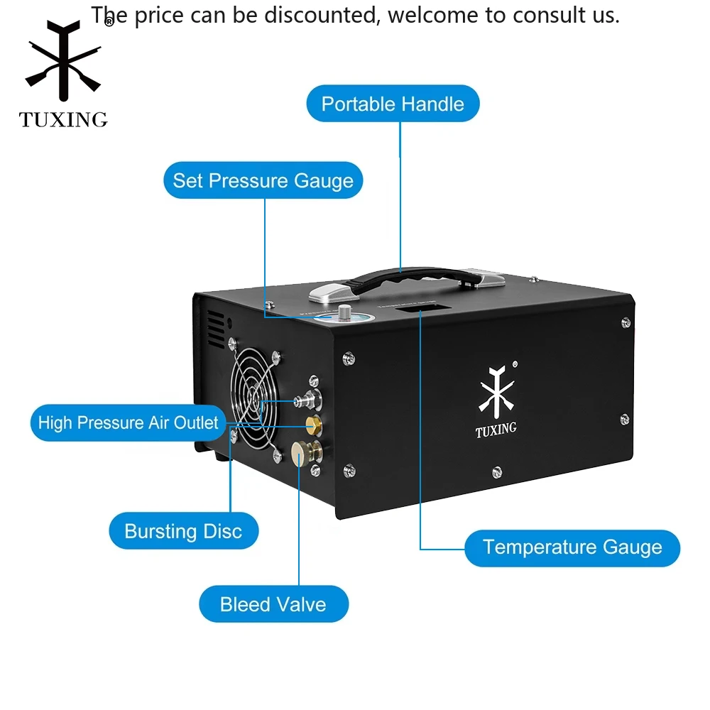 

TUXING High Performance 4500psi 300bar 30mpa Portable 12V 110V 220V Built-in Convertor Hunting PCP Mini Paintball Air Compressor