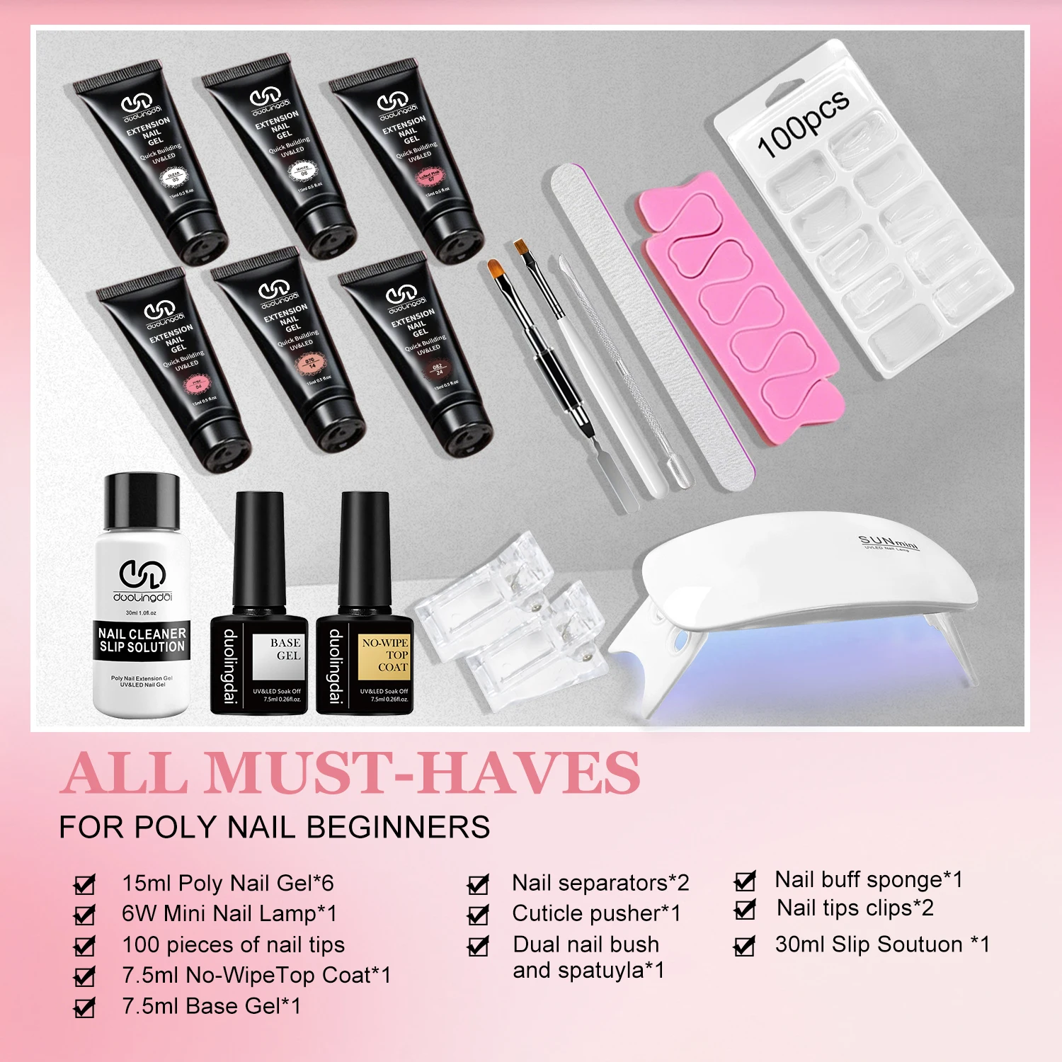 

Poly Gel Nail Kit 6 Colors with Nail Lamp Extension Gel Jelly Milky White Pink Nude Complete Tools Beginner Thickening Solutions