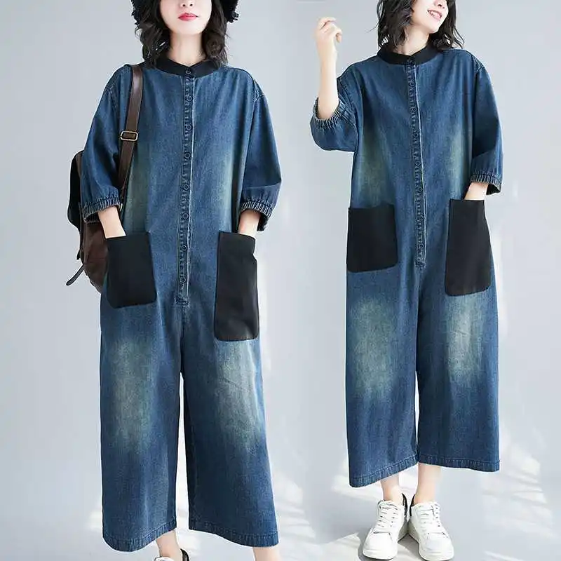 

Women Denim Jumpsuits One Piece Wide Leg Pants Jeans Straight Trousers Round Collar Pockets Washed Streetwear Female Overalls