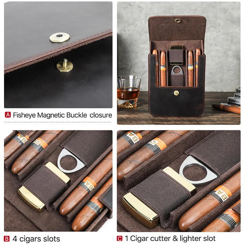 Two-Tone Cow Leather Cigar Humidor Travel Case Set All-In-One Cigar Accessory Organizer Magnetic Flap 4 Slots Cutter Storage Bag