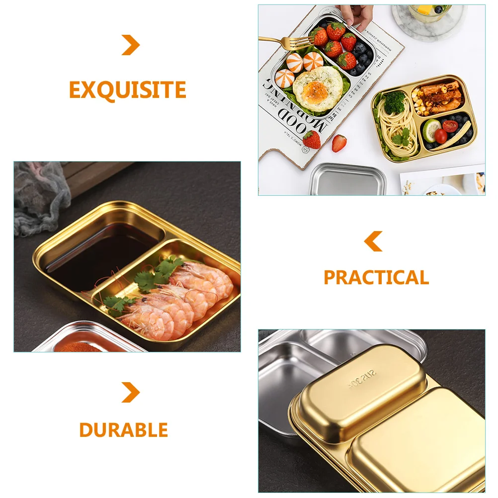 

Stainless Steel Compartment Plate Two Grids Safe Material Household Tableware Food Serving Tray For Daily Use