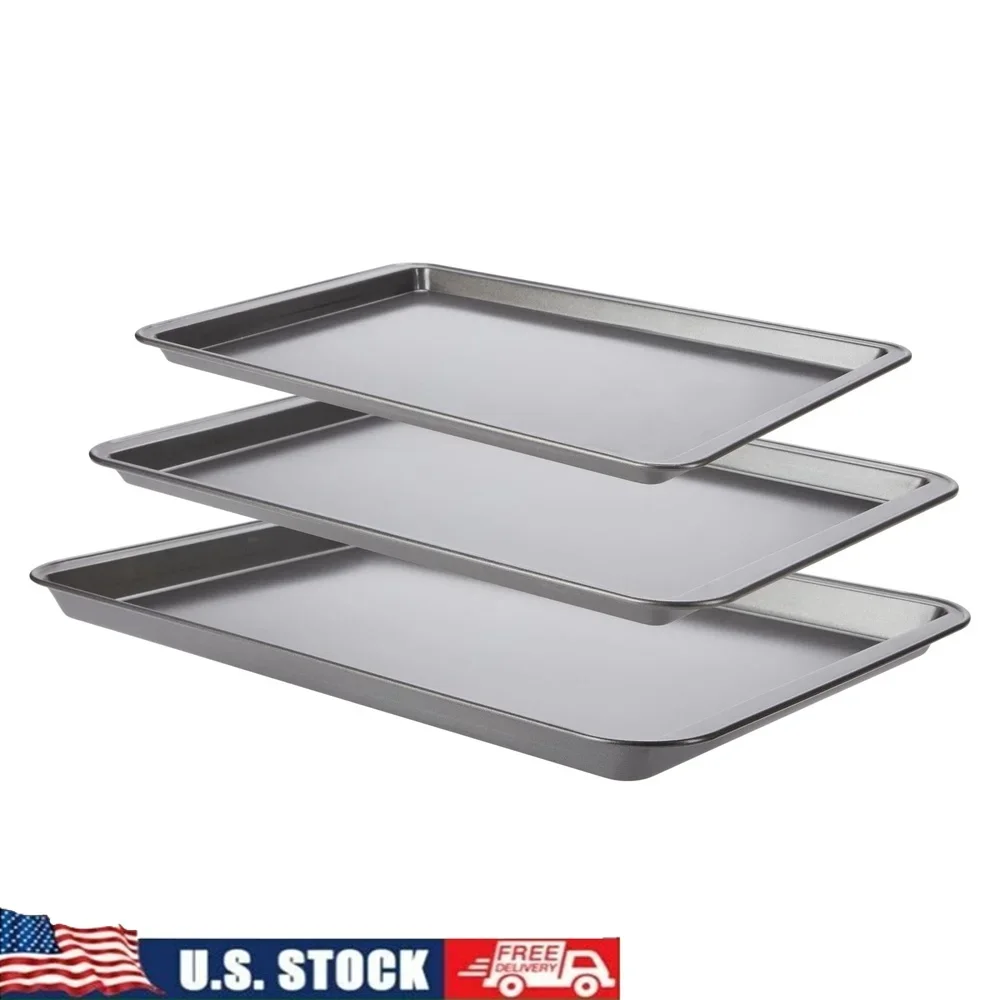 

PRO Nonstick 3pc Baking Sheet Set Heavy Duty Carbon Steel Scratch Resistant Cookie Pans Easy Clean Non Toxic Oven Safe Baking