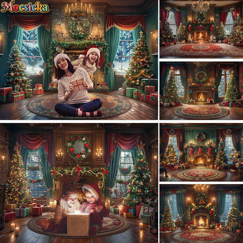 

Mocsicka Indoor Christmas Backdrops Kids Baby Photography Child Family Photocall Winter Xmas Trees Fireplace Photo Backgrounds