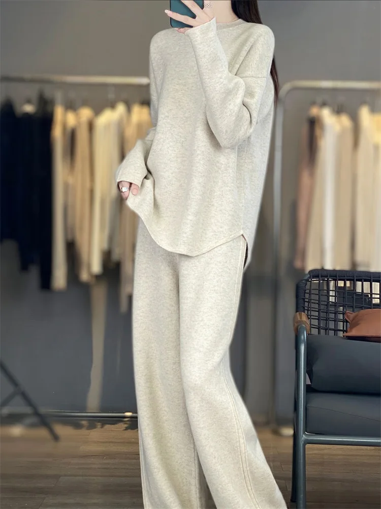 

Women's matching set 100% Merino wool round neck thick air layer sweater casual knitted pants 2-piece set loose women's clothing