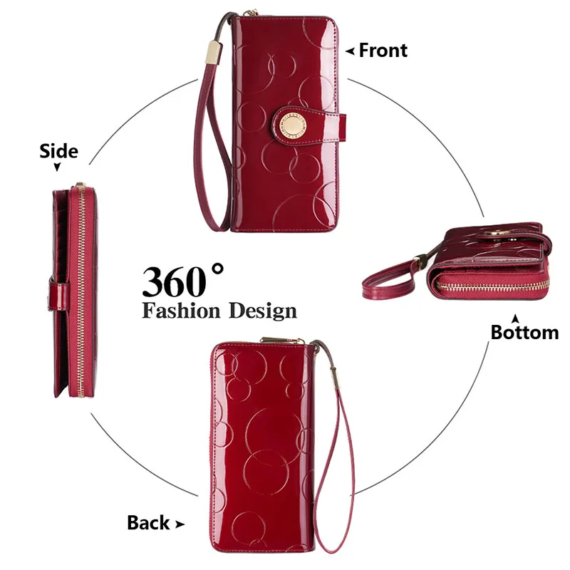 Fashion Women's Clutch Bags RFID Blocking Card Holder Purses with Pocket Zip and Lanyard Patent Leather Wallets for Women Gift