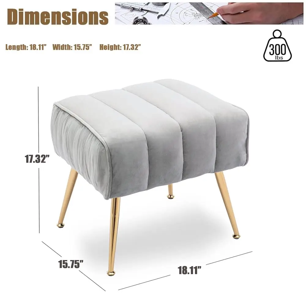 Velvet Ottoman Bench, Modern Foot Stool Rest, Trapezoid, Golden Finished, Grey