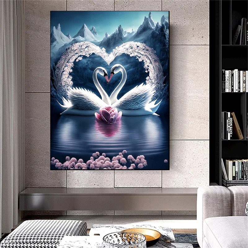 Animal 5D Mosaic Diamond Painting Beautiful Love Swans and Flowers In The Snow Diamond Mosaic DIY Cross Stitch Home Decor