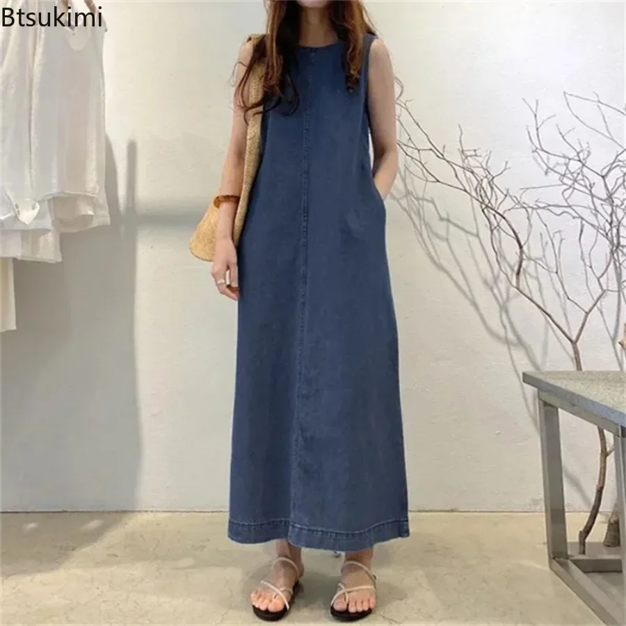 2024 Women's Summer Sleeveless Jeans Dress Simple Style Solid Elegant Dress Robe Female Pocket Design Commuter Gown Dress 5XL