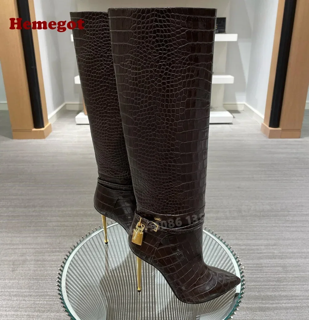 Croc-Pattern Metal Heels Knee High Boots Padlock Pointy Toe Buckle Women's Long Boots Luxury Winter Designer Shoes Plus Size