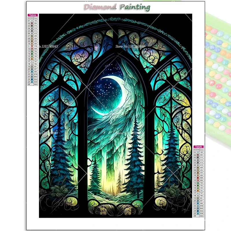 DIY Алмазная Вышивка 5D: Ночная Звездная Пейзаж с Витражами, Продукты Вышивки Крестом, Полная Мозаика Алмазная с Стразами, Искусство Алмазной Вышивки, Подарок для Рукоделия, 30X40 см