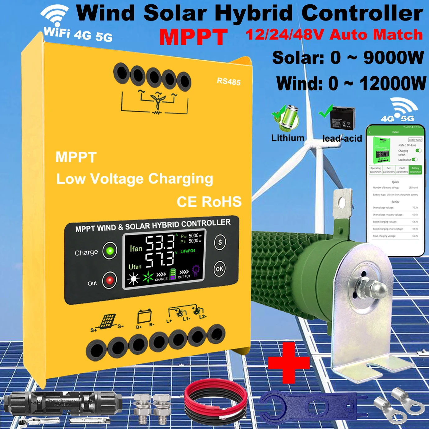 3000W 4KW 12V 24V 48V MPPT Hybrid Wind Solar Charge Controller Wind Turbine Solar panel Regulator WIFI For Lifepo4 Lithium GEL