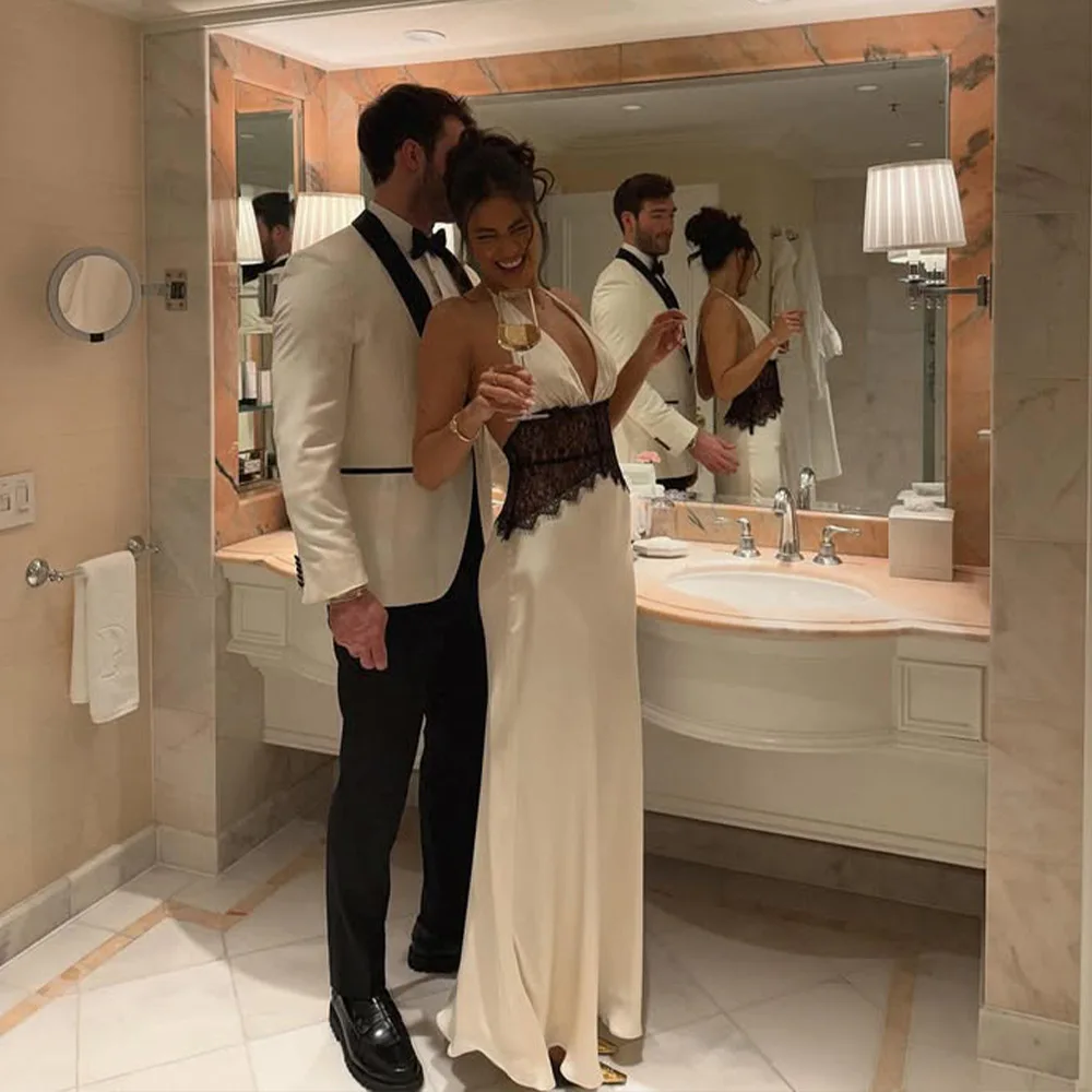 Wit Satijnen Lange Jurk voor Vrouwen Sexy Halter Backless Slanke Avondjurken Zomer Mode Kant Patchwork Strandjurk 2025