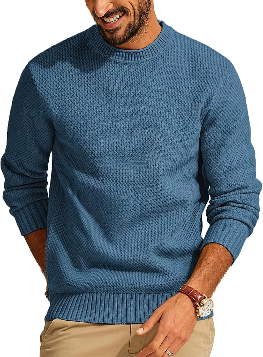 

Men's knitted sweater solid color top elegant and fashionable heavyweight men's casual long sleeved round neck pullover