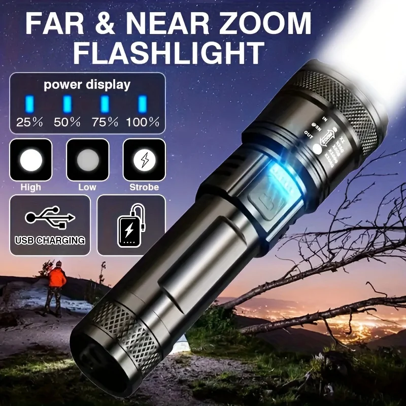 1-2PC LED Telescopic Zoom Flashlight High Power Torch Light USB Rechargeable Flashlight Portable Tactical Lantern Outdoor  Light