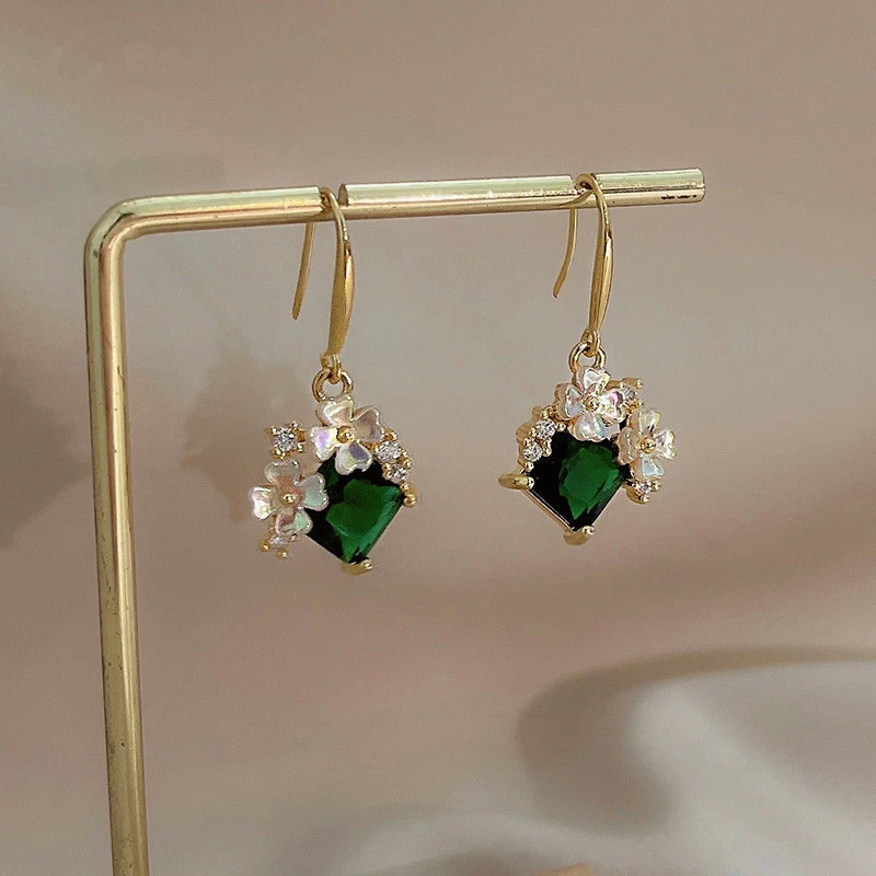 أنيقة حجر الزمرد زهرة استرخى أقراط حجر الراين الزهور أقراط مجوهرات للنساء الأحجار الكريمة بيان المجوهرات الجميلة