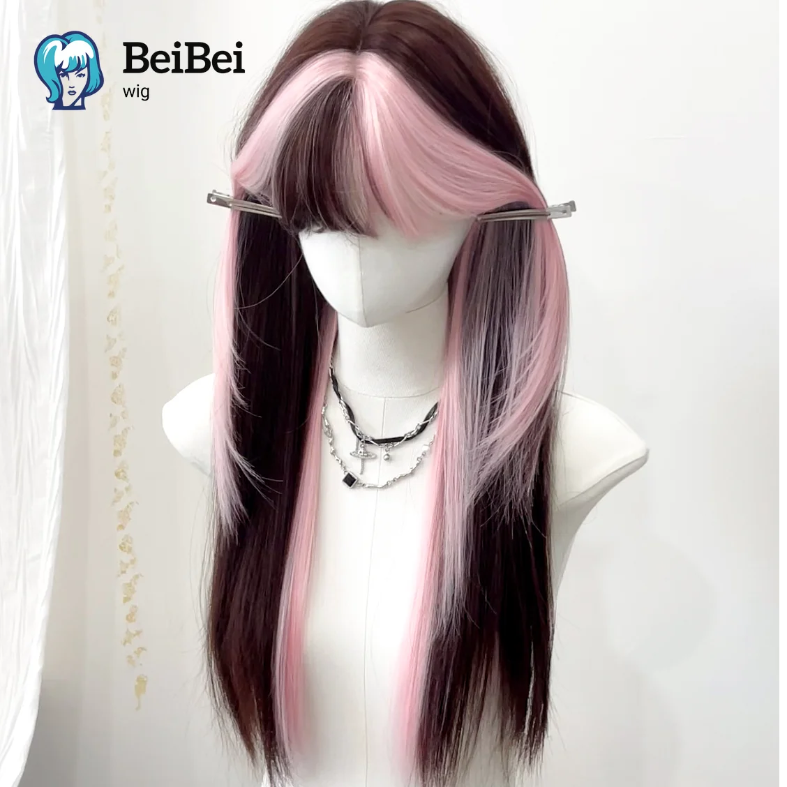 Wig Sorotan Merah Muda Lolita Strawberry Cookies Wig Rambut Lurus Panjang 24 Inci untuk Wanita Wig Sintetis Lucu untuk Penggunaan Sehari-hari Cosplay